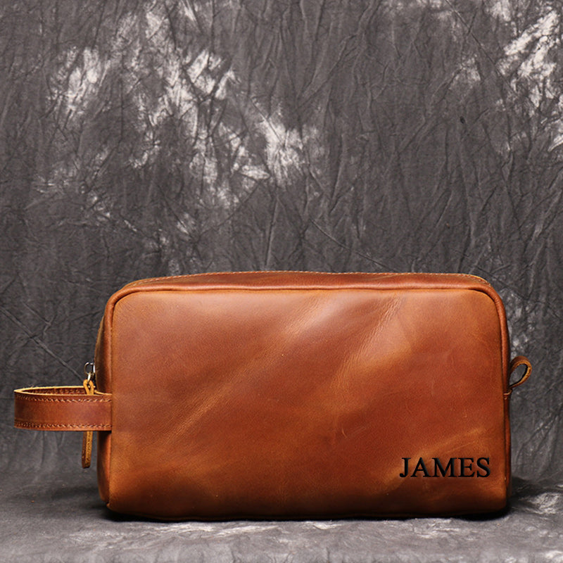 Personalized Gift for Him Toiletry Bag Mens Dopp Kit Brown 
