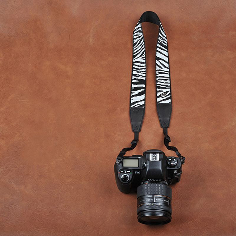 Black White Stripe Cotton Strap Leather DSLR Camera Strap 8263 - icambag