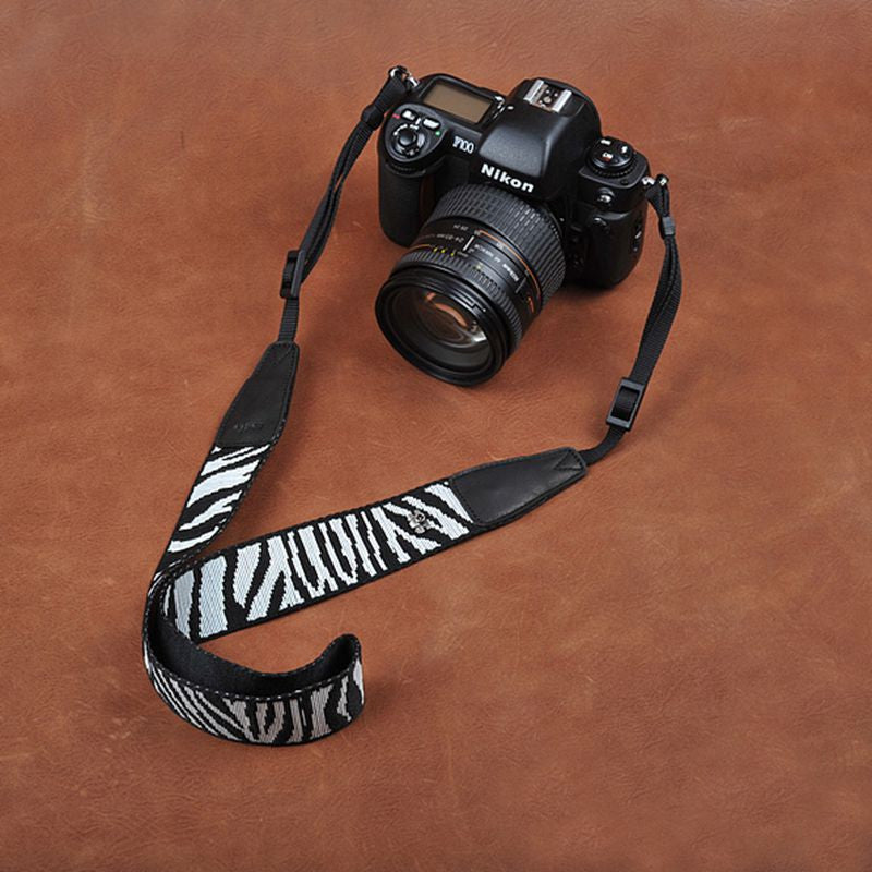 Black White Stripe Cotton Strap Leather DSLR Camera Strap 8263 - icambag