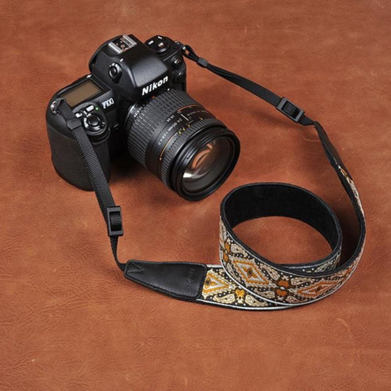 Retro Flower Handmade Leather Camera Strap Black 8461 - icambag